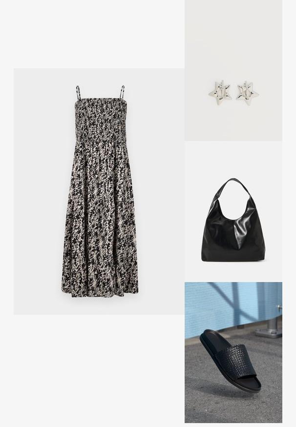 Sorte og beige mønstrede sommerkjole med smocked bodice og justerbare spaghettistropper, har en svævende nederdel og blomster motiv.; Sort slide sandal med et vævet mønster på overdelen, glat sål, flad design og en minimalistisk stil, der er velegnet til afslappet brug.; Sort læder hobo taske med en blød, skinnende tekstur og en rund, åben top. Har en bred, buet strop til bæring. Ingen synlig hardware.; Sølv stjerneformede øreringe med en glat, poleret finish på en ensfarvet hvid baggrund.
