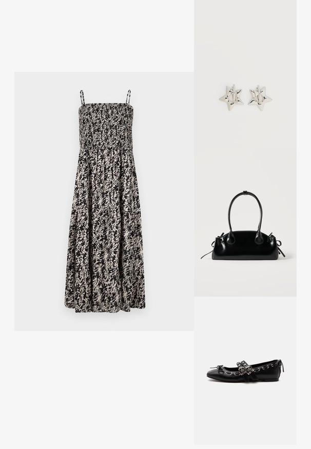 Schwarzes und beiges gemustertes Sommerkleid mit einem geschmückten Oberteil und verstellbaren Spaghettiträgern. Es hat einen luftigen Rock und florale Motive.; Schwarzer flacher Ballettschuh mit doppelten Schnallenriemen, silbernen Ösen und einer kleinen Schleife nahe der abgerundeten Spitze auf weißem Hintergrund.; Kleine schwarze glänzende Handtasche mit zwei langen Griffen und seitlichen Kordelzug-Details vor einfachem hellem Hintergrund.; Silberne, sternförmige Creolen mit einer glatten, polierten Oberfläche auf weißem, schlichtem Hintergrund.