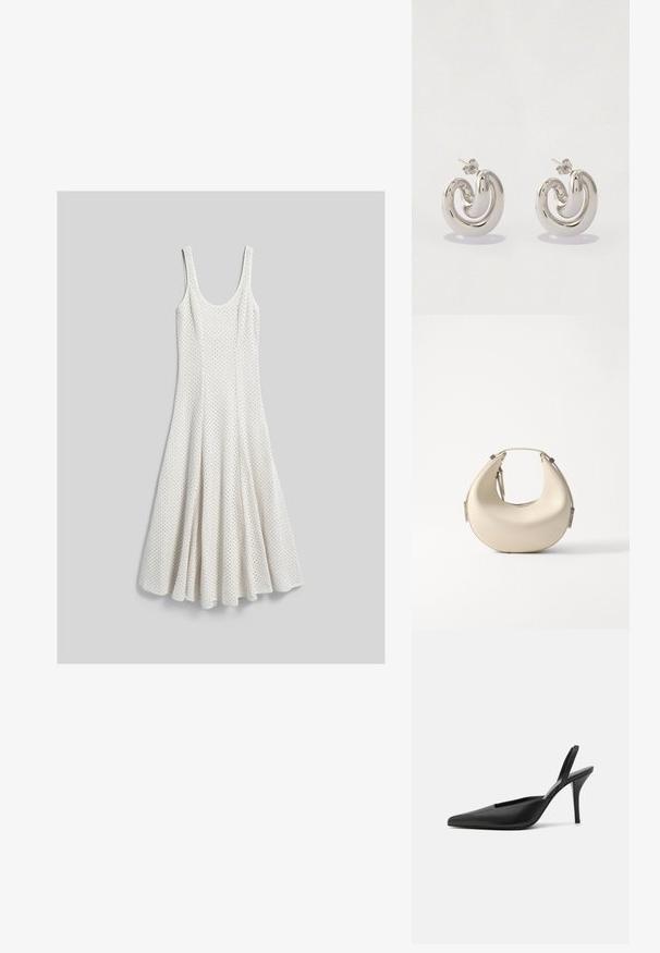 Robe blanche en tricot sans manches avec encolure dégagée et jupe évasée texturée, étalée à plat sur fond gris.; Chaussures à talons noires à bride arrière avec un bout pointu, en cuir lisse, et un design épuré et minimaliste. Talon aiguille haut.; Sac hobo avec un extérieur en cuir lisse de couleur crème, une forme arrondie et des accents matériels en argent minimalistes au niveau de la poignée.; Boucles d'oreilles en métal argenté avec un design tourbillonnant, présentant des surfaces lisses et une finition polie, maintenues par un fermoir en papillon.