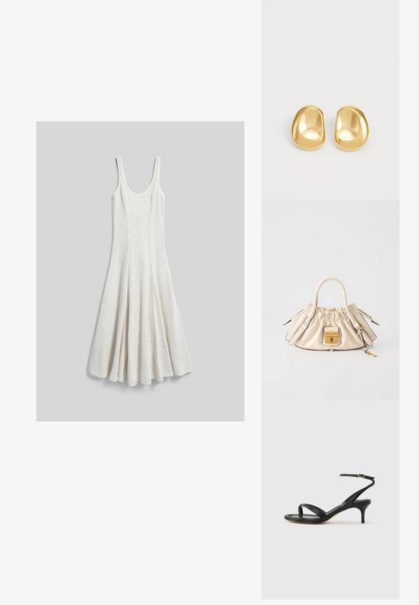Robe blanche en tricot sans manches avec encolure dégagée et jupe évasée texturée, étalée à plat sur fond gris.; Sandale pour femme en cuir noir avec fines lanières, une boucle d'orteil, une boucle à la cheville et un talon aiguille de hauteur moyenne sur un fond neutre.; Sac à main en cuir couleur crème avec dessus froncé, doubles poignées, serrure dorée gravée "Marc Jacobs" et pendentif clé attaché sur fond blanc.; Boucles d'oreilles en forme de clou de couleur or, avec une forme lisse et arrondie et une surface réfléchissante, mettant en avant un design minimaliste sans motifs visibles.