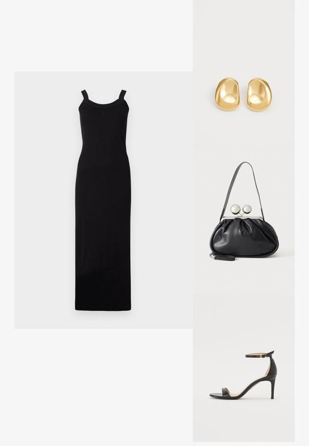 Robe maxi noire sans manches avec une silhouette ajustée, un décolleté en forme de cœur et des bretelles texturisées. Fabriquée en tissu léger.; Sandale à talons hauts en cuir noir avec une lanière de cheville. Présente une texture lisse, un bout ouvert et un talon fin. Détail de boucle en ton doré.; Sac à main en cuir noir avec un design plissé, une sangle unique, un cadre métallique argenté et deux grandes fermoirs ronds en argent.; Boucles d'oreilles en forme de clou de couleur or, avec une forme lisse et arrondie et une surface réfléchissante, mettant en avant un design minimaliste sans motifs visibles.