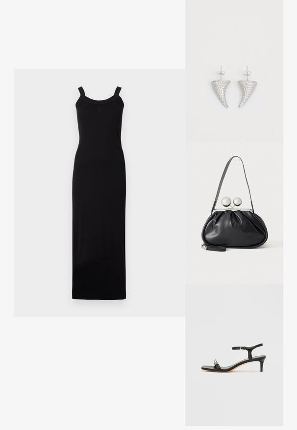 Schwarzes, ärmelloses Maxikleid mit taillierter Silhouette, U-Boot-Ausschnitt und strukturierten Schulterträgern. Hergestellt aus leichtem Stoff.; Schwarze Leder-Sandale mit Absatz und Knöchelriemen, offenem Zehenbereich, quadratischer Vorderseite und silbernen Metallakzenten. Eng anliegendes Design mit schlanker Silhouette.; Schwarze Ledertasche mit gerafftem Design, einem einzelnen Riemen, silbernem Metallrahmen und zwei großen runden silbernen Verschlüssen.; Silberne, hornförmige Ohrringe, besetzt mit kleinen klaren Steinen, mit einem Steckverschluss zur Befestigung. Glatte Textur und metallisches Finish.