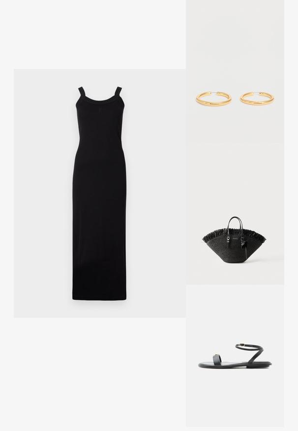 Schwarzes, ärmelloses Maxikleid mit taillierter Silhouette, U-Boot-Ausschnitt und strukturierten Schulterträgern. Hergestellt aus leichtem Stoff.; Schwarze flache Sandale mit schmalem Knöchelriemen, goldener Schnalle und breitem Zehenriemen auf weißem Hintergrund.; Schwarze gewebte Tragetasche mit breiter Fächerform, fransigem oberen Rand, zwei Griffen und einer dekorativen Schleife an einem Griff.; Paar glänzende goldene Creolen mit dünnen Drahtverschluss auf schlichtem weißem Hintergrund.