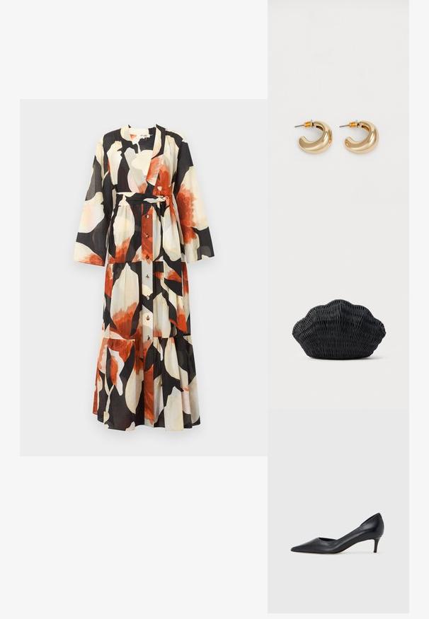 Vestido de manga larga con botones, escote en V, cinturón en la cintura y gran estampado floral abstracto en colores negro, crema y óxido.; Zapato de tacón bajo de cuero negro con punta puntiaguda. Presenta una textura lisa y un brillo sutil. Corte abierto en la parte frontal para un detalle adicional.; Bolso de mimbre negro con forma de concha de vieira con parte superior curva y textura tejida sobre un fondo liso.; Dos pendientes de aro dorados brillantes en un diseño curvado, con acentos naranjas cerca del poste, sobre un fondo blanco liso.