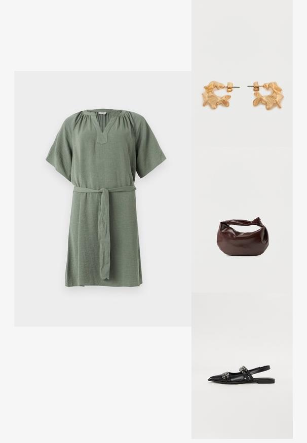 Korte ærmer, knælang kjole i blødt grønt stof med V-hals, samlede skuldre og et aftageligt taljebånd for justerbar pasform.; Even&Odd by Zalando Slingback-ballerinasko - black; Mørkebrun læder skuldertaske med en blød, afslappet form og et snoet knudehåndtag på en ensartet hvid baggrund.; Øreringe i guldfarve med en abstrakt, organisk form, der har en tekstureret overflade og lukkemekanisme med stik.