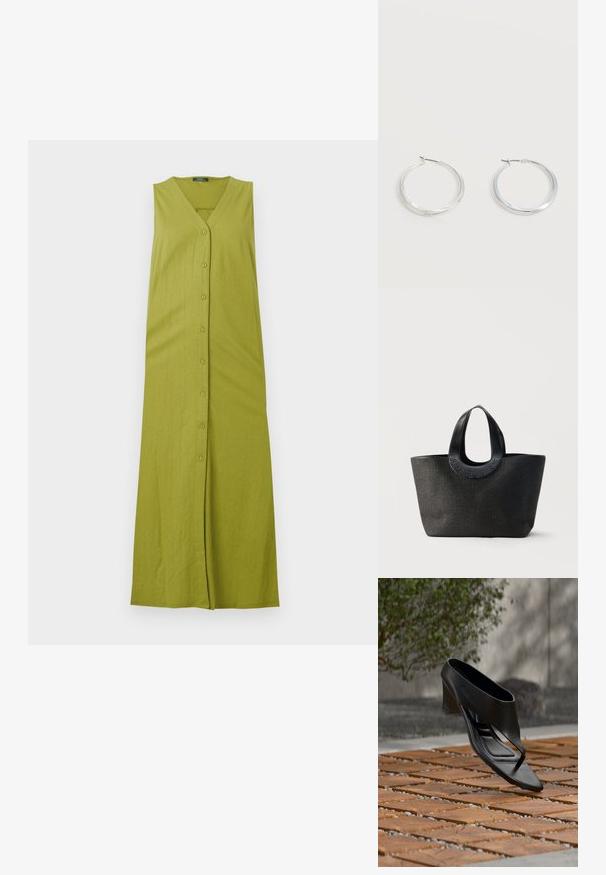 Vestido maxi verde sin mangas con escote en V, que presenta un cierre de botones y una textura acanalada vertical. Hecho de una tela suave y ligera.; Sandalia negra de tacón alto con tira entre los dedos, flotando sobre una superficie exterior de madera y grava con patrón, con vegetación desenfocada y pared al fondo.; Bolsa tote negra texturizada con asas anchas y redondeadas que presenta el nombre de la marca en relieve "Samsøe Samsøe" sobre un fondo neutro.; Pendientes de aro de metal plateado con superficie lisa y ligeramente curvada y cierre de tipo mosquetón sobre un fondo blanco liso.