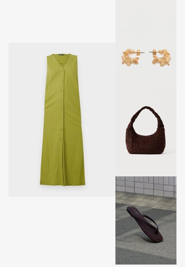 Vestido maxi verde sin mangas con escote en V, que presenta un cierre de botones y una textura acanalada vertical. Hecho de una tela suave y ligera.; Una única sandalia tipo chancla marrón oscuro, colocada verticalmente sobre una superficie pavimentada, con una pared de azulejos de color claro en el fondo.; Bolso de hombro tejido de cuero marrón oscuro con una forma suave y redondeada y asa ancha, con una pequeña etiqueta de cuero adjunta.; Pendientes de tono dorado con una forma abstracta y orgánica, que presentan una superficie texturizada y un cierre de poste trasero.