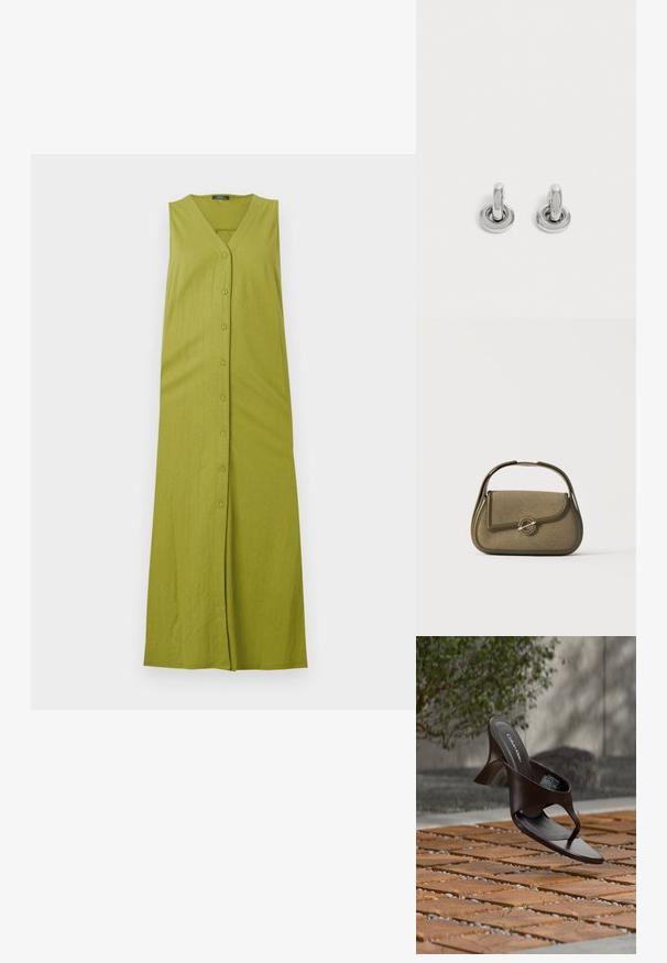 Vestido maxi verde sin mangas con escote en V, que presenta un cierre de botones y una textura acanalada vertical. Hecho de una tela suave y ligera.; Sandalia de tiras con tacón marrón de Calvin Klein suspendida sobre suelo exterior de loseta de madera y grava, con fondo desenfocado de vegetación y piedras.; Bolso pequeño de color verde oliva con bordes redondeados, un asa superior y un cierre con solapa asegurado por un broche metálico circular.; Par de pequeños pendientes de aro plateados brillantes con base redonda, exhibidos sobre un fondo claro y liso.