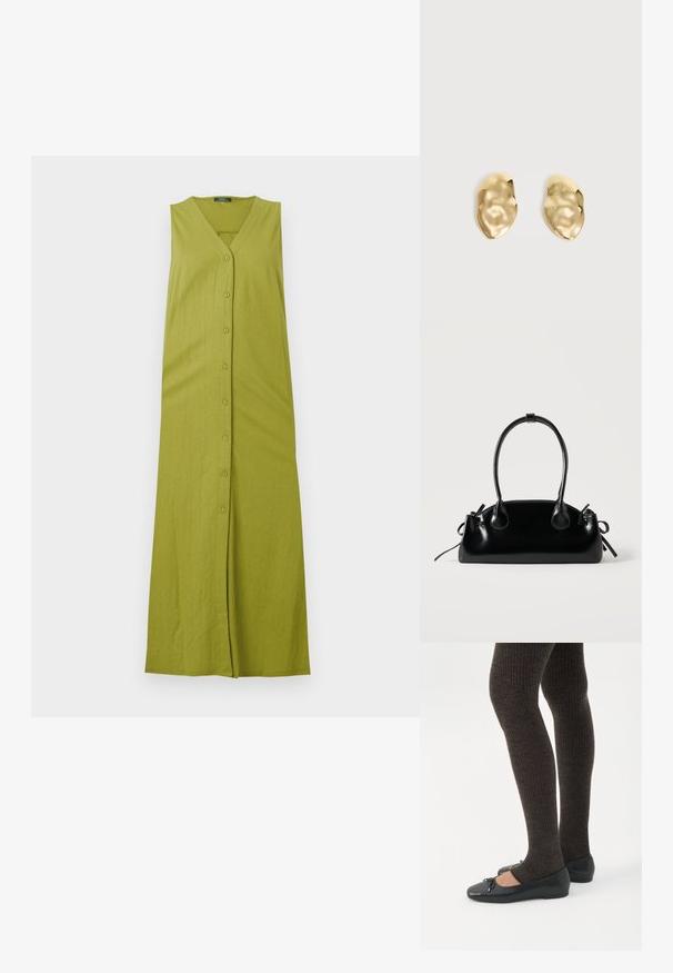 Vestido maxi verde sin mangas con escote en V, que presenta un cierre de botones y una textura acanalada vertical. Hecho de una tela suave y ligera.; Piernas con leggings oscuros acanalados combinados con bailarinas negras que presentan pequeños detalles de lazo sobre un fondo blanco.; Pequeño bolso negro brillante con dos asas largas y detalles de cordón lateral sobre un fondo claro liso.; Par de pendientes de metal dorado brillante, con forma irregular y superficie arrugada y lisa sobre un fondo claro y sencillo.