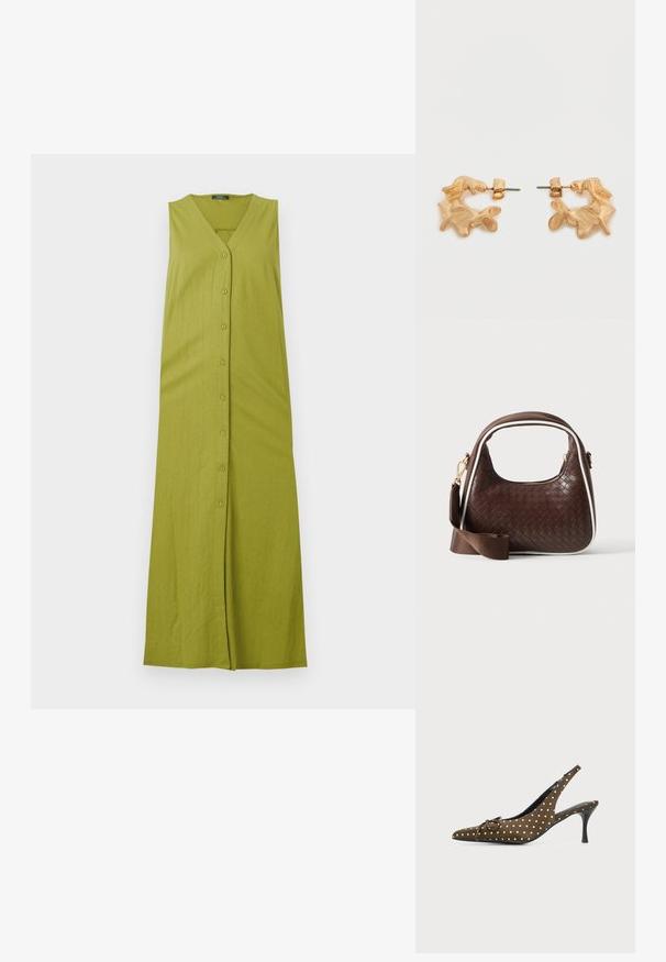 Groene mouwloze maxi-jurk met V-hals, voorzien van een knoopsluiting aan de voorkant en verticale ribbels. Gemaakt van een zachte, lichtgewicht stof.; Bruine slingback hoge hak schoen met witte stippen, puntige neus, kleine strik en zwarte stiletto hak op een effen achtergrond.; Bruine geweven leren handtas met witte bies, gouden ritssluiting en afneembare bruine stoffen schouderriem.; Oorbellen in goudkleur met een abstracte, organische vorm, voorzien van een gestructureerd oppervlak en een sluiting met oorstekers.