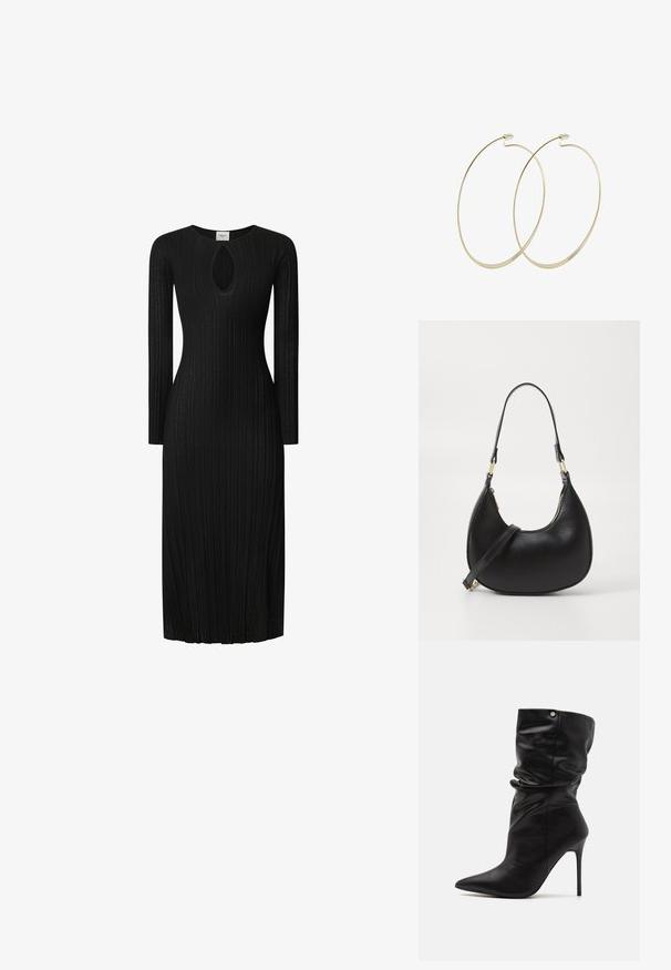 Vestido negro de punto acanalado con mangas largas, que presenta un corte en forma de ojo de cerradura en el escote. Silueta recta, hasta la rodilla, tejido texturizado.; Even&Odd Wide Fit by Zalando Botines de tacón - black; Bolso de mano de cuero negro con forma curva, que cuenta con un cierre superior con cremallera, un asa corta y una correa para el hombro desmontable. Accesorios en dorado.; Pilgrim Pendientes - gold-coloured