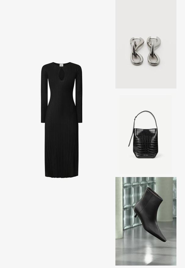 Schwarzes, geripptes Strickkleid mit langen Ärmeln, das einen Schlüsselaugen-Ausschnitt am Ausschnitt hat. Gerades Silhouette, knielang, strukturiertes Material.; Schwarzer Leder-Knöchelstiefel mit spitzer Spitze und kleinem Absatz vor einer Wand aus Glasbausteinen und einem polierten Boden.; Schwarze Beuteltasche aus krokodilhautgeprägtem Leder mit einem einzelnen Schulterriemen und kleinem silbernen Markenlogo vorne unten in der Mitte.; Paar silberfarbene Metallohrringe mit abstraktem ineinandergreifendem Schlaufen-Design auf weißem Hintergrund.