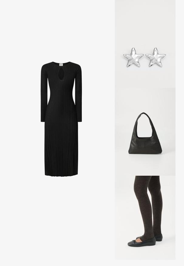 Vestido negro de punto acanalado con mangas largas, que presenta un corte en forma de ojo de cerradura en el escote. Silueta recta, hasta la rodilla, tejido texturizado.; Piernas con leggings oscuros acanalados combinados con bailarinas negras que presentan pequeños detalles de lazo sobre un fondo blanco.; Bolso de cuero negro con forma triangular, un gran asa recortada y costuras detalladas a lo largo de los bordes. Textura suave.; Pendientes en forma de estrella plateada con una superficie pulida y brillante. Cada pendiente presenta cinco puntas y sutiles detalles de textura en la superficie.