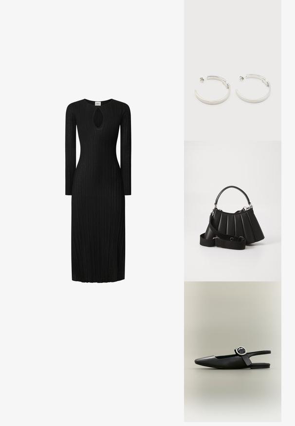 Zwarte geribde gebreide jurk met lange mouwen, voorzien van een keyhole uitsnede bij de hals. Rechte silhouet, knielengte, textuurstof.; Zwarte puntschoen met lage hak en zilveren gesp, slingback model op een neutrale achtergrond.; Zwarte geplooide handtas met een ronde handgreep, verstelbare schouderriem en glanzende textuur. Heeft zilveren hardware en een gestructureerde silhoutte.; Halve cirkelvormige oorbellen in zilverkleur met geribbelde textuur en druksluiting, afgebeeld op een witte achtergrond.