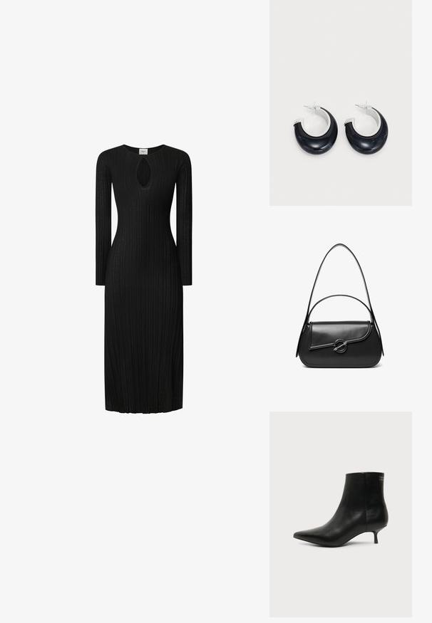 Vestido negro de punto acanalado con mangas largas, que presenta un corte en forma de ojo de cerradura en el escote. Silueta recta, hasta la rodilla, tejido texturizado.; Botín de piel negra con puntera puntiaguda y tacón bajo estilo kitten sobre fondo claro, mostrando vista lateral exterior.; Bolso de hombro de cuero negro con una solapa curva asegurada por un broche metálico redondo y una correa delgada y ajustable.; Pendientes de aro de resina negra con acabado brillante y acentos de hardware en tono plateado. Forma circular con un corte y cierre a presión.