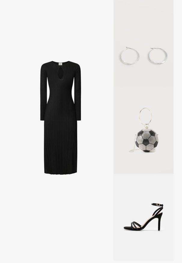 Zwarte geribde gebreide jurk met lange mouwen, voorzien van een keyhole uitsnede bij de hals. Rechte silhouet, knielengte, textuurstof.; Anna Field Sandalen - black; Kleine ronde handtas in de vorm van een zwart-witte voetbal met een gouden ringhandvat en een zilveren kettingriem.; Zilverkleurige metalen creolen oorbellen met een glad, licht gebogen oppervlak en sluitingen met haaksluiting op een effen witte achtergrond.