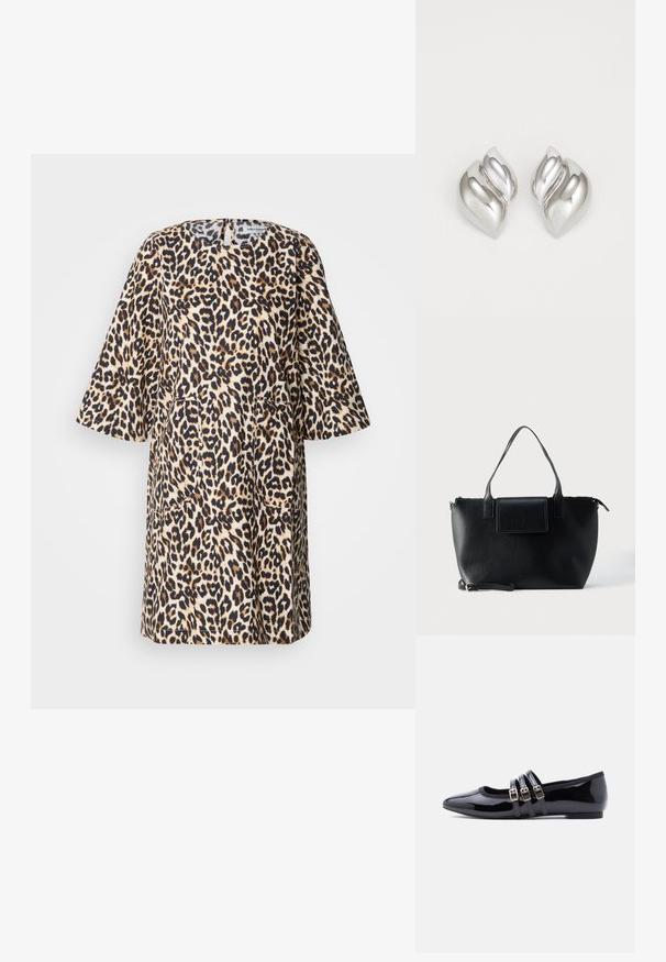 Vestido de leopardo con mangas cortas, cuello redondo y dos bolsillos frontales. Hecho de una tela texturizada en tonos de beige, marrón y negro.; Zapatos planos de charol negro con punta afilada, que cuentan con tres correas decorativas con hebillas metálicas. Acabado suave y tacón bajo.; Bolso tote de cuero negro con dos asas, una correa desmontable, cierre de solapa magnética y textura suave. Parte superior con cremallera y costuras decorativas.; Pendientes de plata con una forma orgánica y abstracta. Superficie lisa y brillante con un diseño cónico. Presentan suaves curvas y un detalle de línea central.