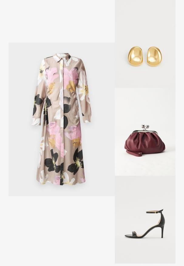 Robe fleurie avec un devant à boutons, manches longues, en tissu beige clair présentant des motifs de fleurs abstraites roses, noires et blanches.; Sandale à talons hauts en cuir noir avec une lanière de cheville. Présente une texture lisse, un bout ouvert et un talon fin. Détail de boucle en ton doré.; Petit sac pochette en cuir bordeaux avec fermoir métallique argenté et bracelet sur fond blanc.; Boucles d'oreilles en forme de clou de couleur or, avec une forme lisse et arrondie et une surface réfléchissante, mettant en avant un design minimaliste sans motifs visibles.