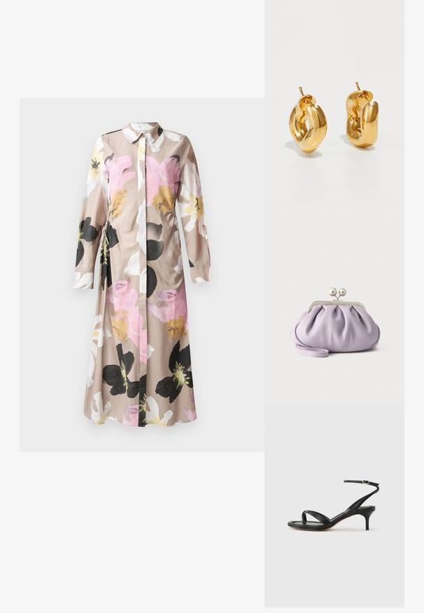Robe fleurie avec un devant à boutons, manches longues, en tissu beige clair présentant des motifs de fleurs abstraites roses, noires et blanches.; Sandale pour femme en cuir noir avec fines lanières, une boucle d'orteil, une boucle à la cheville et un talon aiguille de hauteur moyenne sur un fond neutre.; Pochette lavande douce avec tissu froncé, fermoir kiss-lock argenté et bracelet assorti sur un fond clair uni.; Boucles d'oreilles créoles en or massif avec un design tubulaire légèrement tordu et des fermoirs à tige sur un fond blanc.