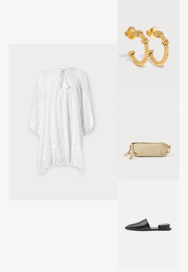 MILLE DAISY DRESS - Robe de jour - white; Mules noirs en cuir à enfiler avec un bout pointu, un design minimal et un accent texturé au talon arrière. Surface lisse et semelle plate.; Pochette en cuir beige avec fermeture éclair dorée et pompon, bandoulière réglable avec ferrures dorées, posée à plat sur fond blanc.; Boucles d'oreilles créoles en or avec texture torsadée de corde et fermoirs papillon sur un fond clair.