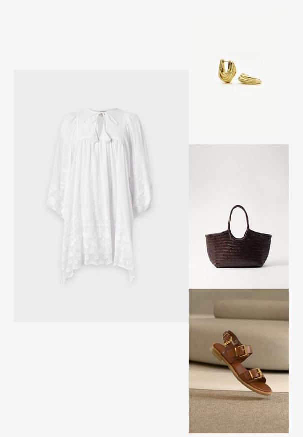 MILLE DAISY DRESS - Robe de jour - white; Sandale en cuir marron avec deux boucles dorées et une semelle en caoutchouc flottant au-dessus d'un tapis beige texturé.; Sac fourre-tout tissé marron avec un sommet arrondi et deux poignées. Présente un motif texturé avec une structure large et ouverte pour un accès facile.; Paire de boucles d’oreilles créoles dorées avec un design torsadé et sculpté, l’une debout et l’autre couchée à plat sur un fond blanc.