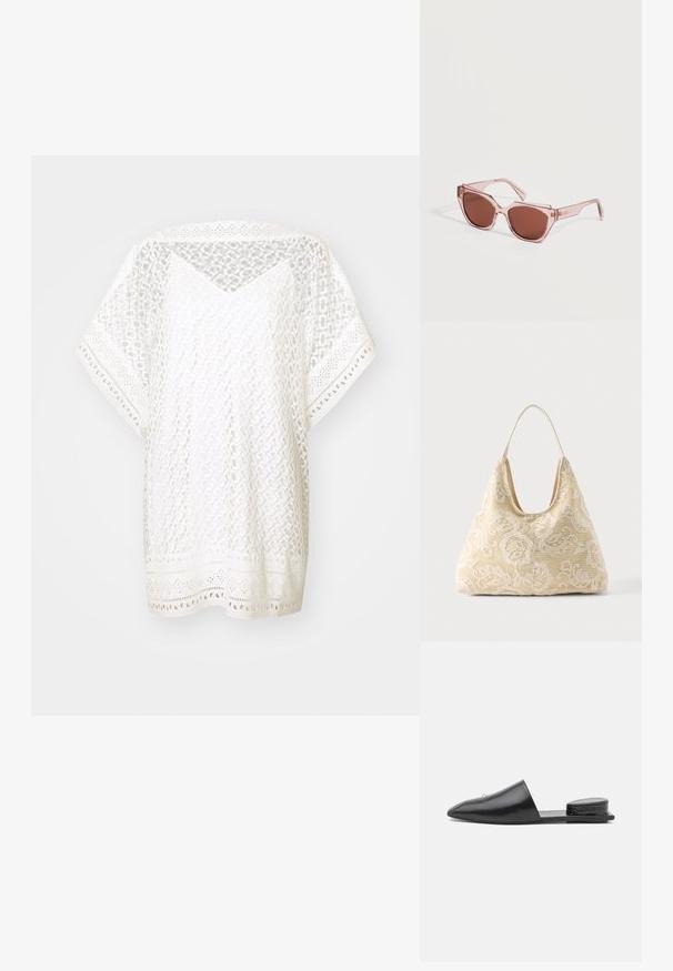 Hvid, løs siddende top lavet af en blonderlignende stof med geometriske mønstre, korte ærmer og en dekorativ kant med udskårne detaljer.; Sorte læder slip-on mules med spids tå, minimalistisk design og tekstureret hæl. Glat overflade og flad sål.; Gennemsigtige lyserøde katteøje-solbriller med mørkebrune linser, der hviler på en hvid overflade.; Kremfarvet stoftaske med hvidt blomsterhæklet mønster og en enkelt tynd skulderrem på ensfarvet baggrund.