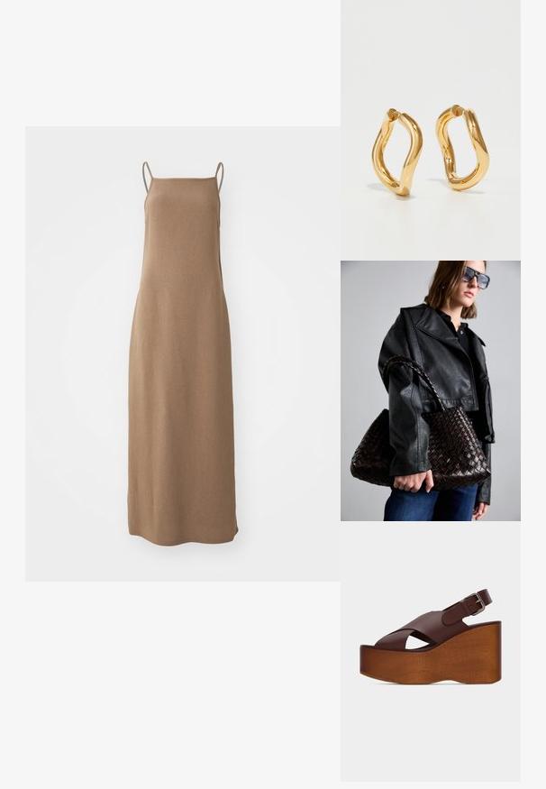 Robe maxi sans manches marron en tissu doux et texturé, avec une silhouette droite et de fines bretelles aux épaules.; Sandale plateforme en cuir marron avec talon compensé en bois, brides croisées et boucle argentée réglable sur la bride de cheville.; DRAGON DIFFUSION SANTA CROCE BIG - Sac à main - dark brown; Boucles d'oreilles en forme de cerceau de couleur dorée avec une forme courbée et irrégulière et une texture lisse et polie. Aucun matériel ou accent visible.