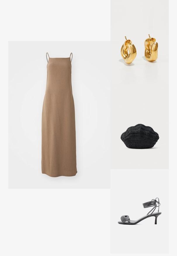 Robe maxi sans manches marron en tissu doux et texturé, avec une silhouette droite et de fines bretelles aux épaules.; Sandale à talon en cuir gris avec une bride nouée sur les orteils et des lacets enroulants autour de la cheville, sur un talon moyen et fin, sur fond blanc.; Sac à main en osier noir en forme de coquille Saint-Jacques avec un dessus courbé et une texture tressée sur un fond uni.; Boucles d'oreilles créoles en or massif avec un design tubulaire légèrement tordu et des fermoirs à tige sur un fond blanc.
