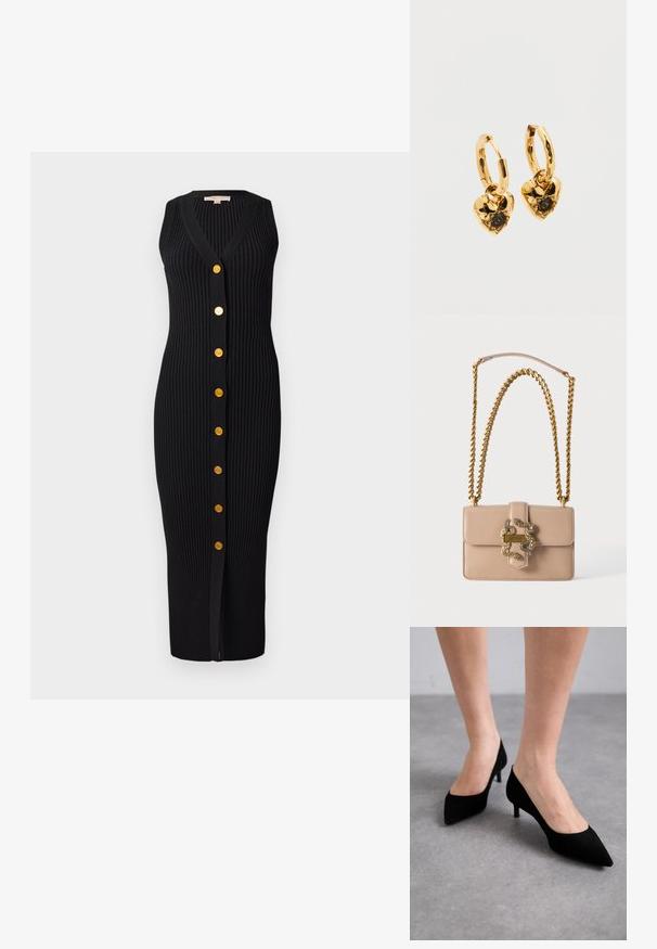 Robe en tricot côtelé noir avec un décolleté en V, sans manches et boutons dorés sur le devant, présentant une silhouette ajustée.; Talons aigus en daim noir avec un talon moyen slim et classique, et une large ouverture, présentés sur des pieds nus sur un fond gris.; Sac à main en cuir beige avec une bandoulière chaîne dorée et un fermoir doré en forme de serpent arborant le logo Just Cavalli à l'avant.; Boucles d'oreilles créoles en or avec pendentifs en forme de cœur. Chaque cœur présente une surface texturée et une pierre précieuse noire centrale sertie de griffes.
