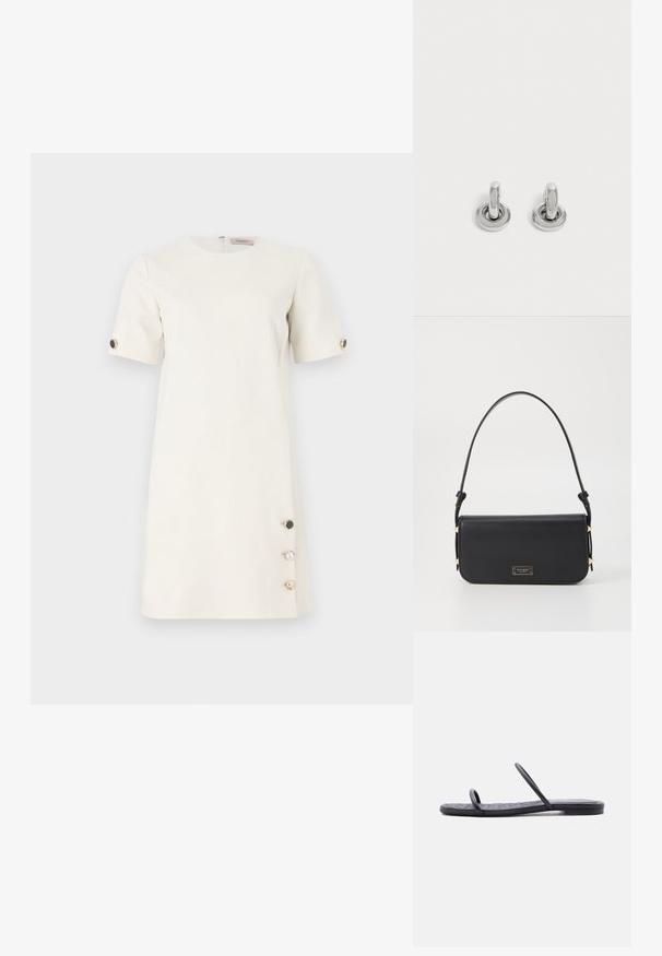 Kurzärmliges, cremefarbenes Kleid aus glattem Stoff mit dekorativen Knöpfen in Schwarz, Gold und Perle am Saum. Schlichte, gerade Schnittführung.; Schwarze flache Sandale mit dünner, gesteppter Sohle und zwei schmalen Riemen über den Zehen und dem Mittelfuß, seitlich auf weißem Hintergrund abgebildet.; Schwarze Lederhandtasche mit elegantem Design, rechteckiger Form und einem einzigen Griff. Verfügt über Hardware in Golddetails und ein Logopunkt.; Paar kleine, glänzende silberne Creolen mit rundem Sockel, auf einfachem hellem Hintergrund präsentiert.