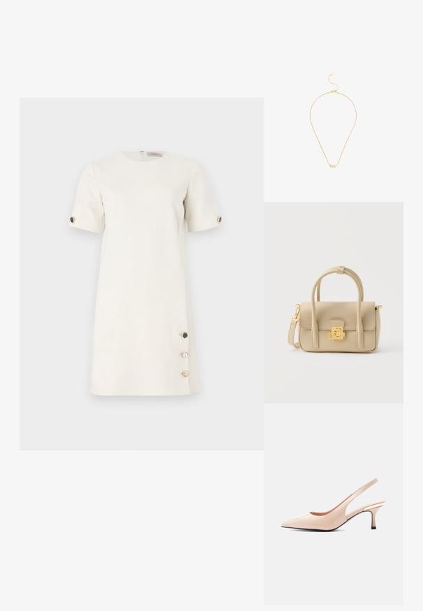 Kurzärmliges, cremefarbenes Kleid aus glattem Stoff mit dekorativen Knöpfen in Schwarz, Gold und Perle am Saum. Schlichte, gerade Schnittführung.; Glänzender, hautfarbener Slingback-Pumps mit spitzer Kappe, niedrigem Kitten-Heel und goldfarbenem Akzent an der Fersenkappe.; Beige Lederhandtasche mit zwei Griffen, einem abnehmbaren Schultergurt und einem goldfarbenen Verschluss an der vorderen Klappe.; Zarte Goldkette mit zwei kleinen quadratischen Anhängern und einem verstellbaren Verschluss auf weißem Hintergrund.