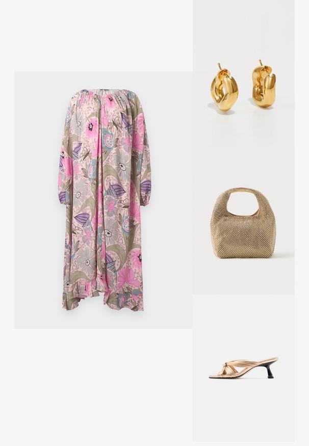 Vestido suelto de manga larga con escote elástico, con un estampado floral en rosa, morado, azul y verde sobre un fondo claro.; Sandalia dorada con tiras, tacón bajo de estilo kitten con detalle de nudo y tacón delgado negro, vista lateral sobre fondo blanco.; Bolso pequeño de tono dorado cubierto de tachuelas redondas brillantes con un asa corta y un recorte rectangular en la parte superior.; Pendientes de aro grueso en oro con un diseño tubular ligeramente retorcido y cierre de presión, sobre un fondo blanco.