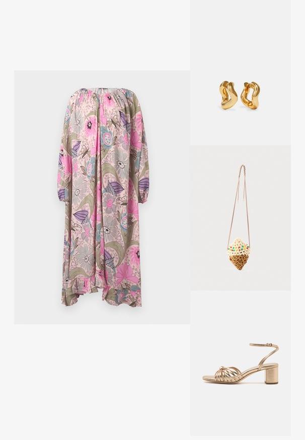 Vestido suelto de manga larga con escote elástico, con un estampado floral en rosa, morado, azul y verde sobre un fondo claro.; Loeffler Randall OLIVIA KNOT MID HEEL - Sandalias - champagne; Bolso pequeño colgante con forma de cucurucho de helado, hecho de cuentas beige y marrones con detalles de cuentas de colores, colgado en un cordón fino retorcido.; Pendientes de aro en tono dorado con un diseño ondulado, que presentan una superficie lisa y brillante y una forma aerodinámica. Sin cierres visibles.
