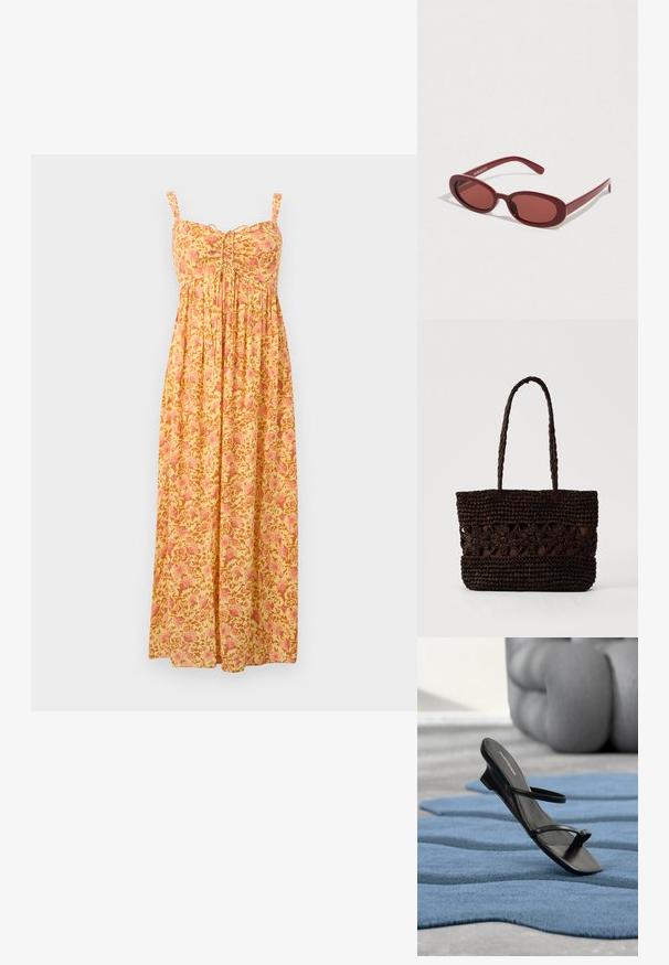 Robe longue jaune avec motif floral rose, bretelles sans manches, bustier froncé et jupe ample plissée.; Sandale noire à brides avec boucle d’orteil exposée sur un tapis texturé bleu, avec un grand objet décoratif gris flouté en arrière-plan.; Lunettes de soleil ovales rouges avec des verres semi-transparents et une monture en plastique lisse. Les branches sont fines, ornées d'un logo blanc.; Sac fourre-tout tissé brun foncé avec des motifs floraux et deux longues poignées tressées sur un fond clair uni.