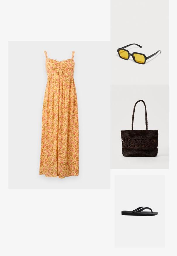 Robe longue jaune avec motif floral rose, bretelles sans manches, bustier froncé et jupe ample plissée.; Sandale tong noire en caoutchouc avec semelle texturée et brides lisses, vue de côté sur un fond gris clair uni.; Lunettes de soleil rectangulaires noires avec des verres jaunes. Les caractéristiques incluent des montures épaisses et un design anguleux avec une finition lisse et brillante.; Sac fourre-tout tissé brun foncé avec des motifs floraux et deux longues poignées tressées sur un fond clair uni.