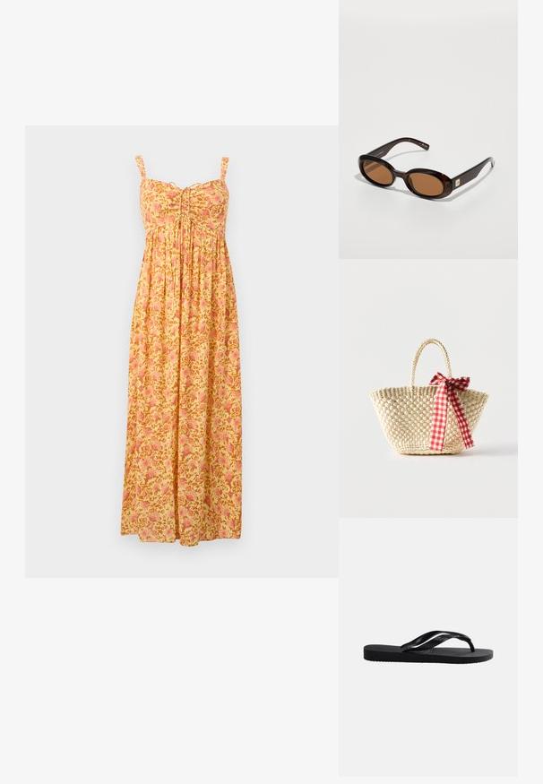 Robe longue jaune avec motif floral rose, bretelles sans manches, bustier froncé et jupe ample plissée.; Tongs en caoutchouc noir avec semelle texturée et bride en Y lisse sur un fond clair uni.; Lunettes de soleil écaille de tortue marron avec des verres ovales, dotées d'une fine monture et d'un petit accent métallique sur le côté. Fini texturé et poli.; Sac cabas en paille tissée avec des poignées tressées et un ruban à carreaux rouge et blanc noué en un nœud d'un côté.