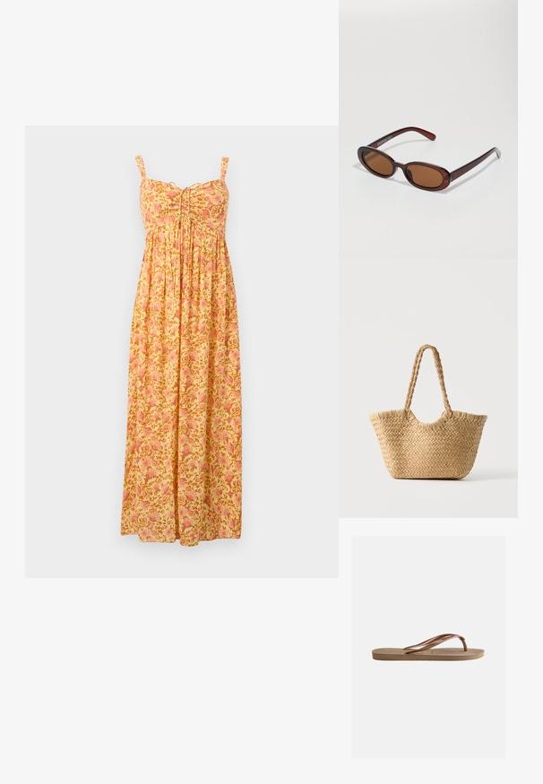 Robe longue jaune avec motif floral rose, bretelles sans manches, bustier froncé et jupe ample plissée.; Sandale tongs en caoutchouc marron avec semelle texturée et brides en forme de V de marque sur un fond clair uni.; Lunettes de soleil rondes teinte brun avec une monture bordeaux brillante. Branches fines avec un détail de marque subtil. Design de verres plats.; Sac cabas en paille tressée avec large base, poignées tressées et couleur beige naturel sur fond blanc uni.