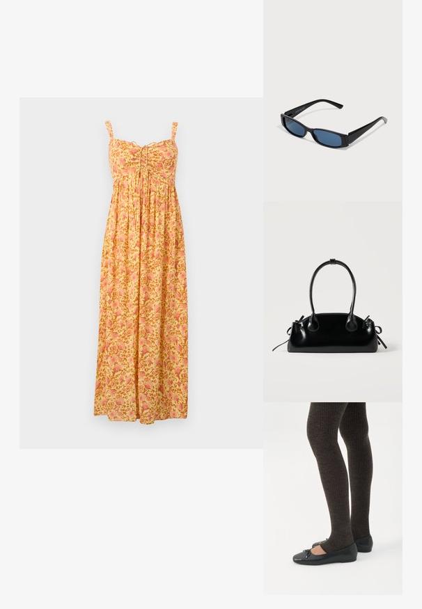 Robe longue jaune avec motif floral rose, bretelles sans manches, bustier froncé et jupe ample plissée.; Jambes portant des leggings côtelés foncés associés à des ballerines noires avec de petits détails en nœud sur fond blanc.; Lunettes de soleil noires avec une monture rectangulaire élégante et des verres bleus. Présente une texture lisse et des branches robustes. Logo de la marque sur le côté.; Petit sac à main noir brillant avec deux longues anses et des détails à cordon sur les côtés sur un fond clair uni.