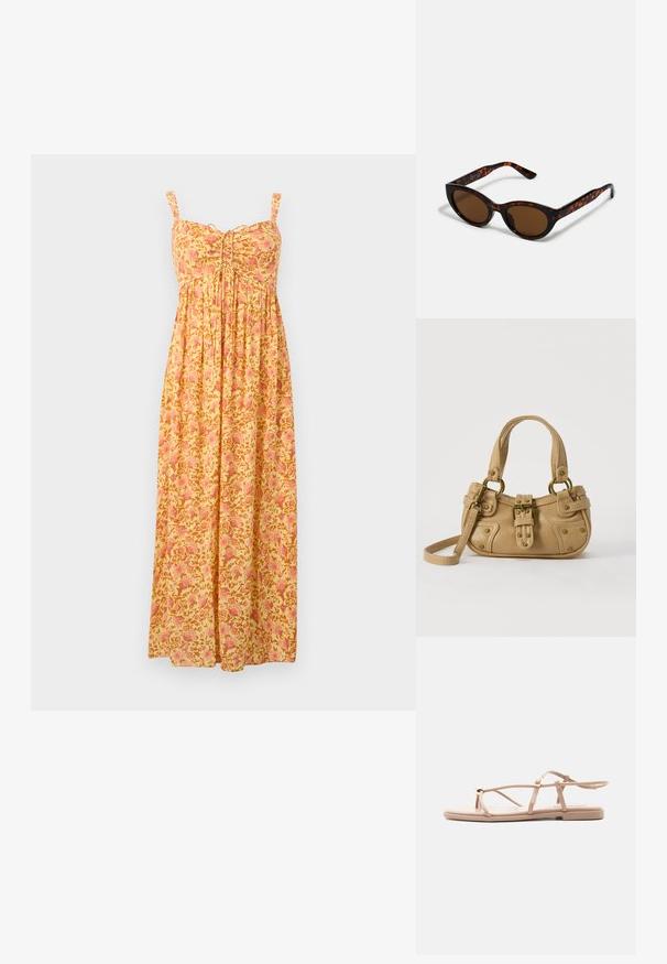 Robe longue jaune avec motif floral rose, bretelles sans manches, bustier froncé et jupe ample plissée.; Sandale plate beige avec fines brides, boucle à la cheville et détail décoratif doré sur la boucle d’orteil, présentée sur fond blanc.; Lunettes de soleil en écaille de tortue marron avec une forme vintage de lunettes cat-eye et des verres marron. Présente des branches courbées avec des accents rouges.; Sac à main en cuir beige avec double poignées, boucle en laiton et détails rivetés, ainsi qu'une bandoulière réglable sur fond blanc.