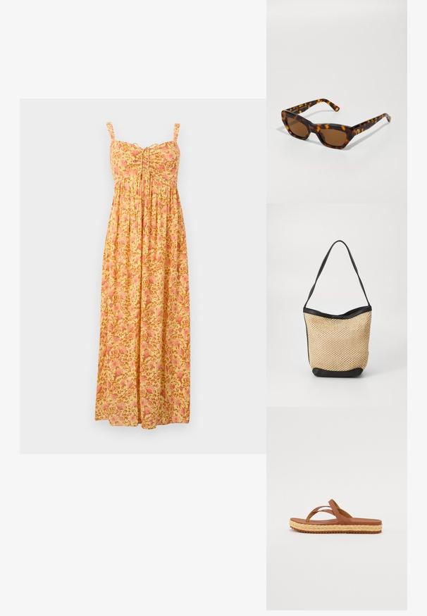 Robe longue jaune avec motif floral rose, bretelles sans manches, bustier froncé et jupe ample plissée.; Sandales flip-flop marron avec deux brides en matériau texturé, présentant une semelle intermédiaire style espadrille tissée et une semelle extérieure en caoutchouc.; Lunettes de soleil en écaille de tortue avec des montures rectangulaires, des verres marron et des branches texturées. Présente le logo de la marque gravé sur la branche.; Sac fourre-tout tissé en paille avec une texture naturelle, rehaussé d'une bordure en simili cuir noir et d'une bandoulière ; design ouvert.