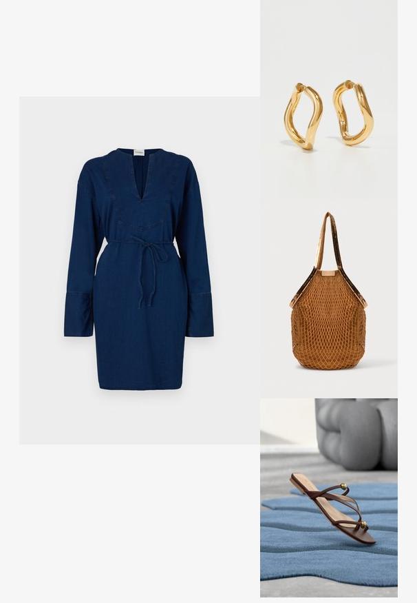 Robe en denim bleu marine à manches longues, décolleté en V et taille à cordon. Présente des détails de couture le long du décolleté et des manches.; Sandale plate marron avec des lanières fines et des perles dorées reposant sur un tapis bleu texturé, avec une grande sculpture abstraite grise en arrière-plan.; Sac cabas en filet marron avec une base en tissu solide et des bretelles à sequins, debout sur un fond uni.; Boucles d'oreilles en forme de cerceau de couleur dorée avec une forme courbée et irrégulière et une texture lisse et polie. Aucun matériel ou accent visible.