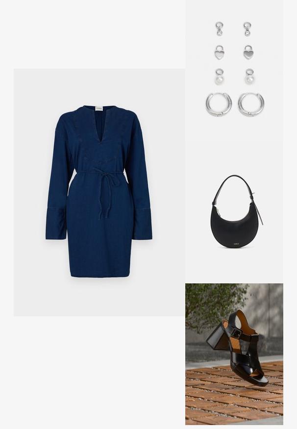 Robe en denim bleu marine à manches longues, décolleté en V et taille à cordon. Présente des détails de couture le long du décolleté et des manches.; Sandale à talon en cuir noir avec bride à la cheville et boucle reposant sur un sol en carrelage en bois à l'extérieur.; Sac à épaule en cuir noir, d'une forme courbée, avec fermeture éclair et quincaillerie dorée. Doté d'un logo à l'avant et d'une bandoulière fine.; Trois paires de boucles d'oreilles en argent : des clous courts avec des pierres transparentes, des charms en forme de cœur et de grandes créoles avec une finition texturée.