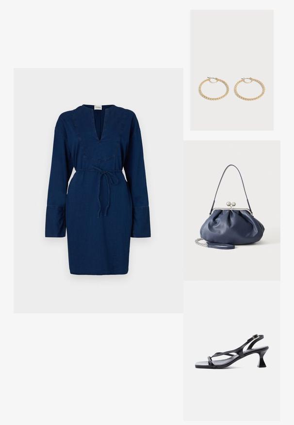 Navy blauw denim jurk met lange mouwen, V-hals en een koord in de taille. Kenmerkt stikdetails langs de halslijn en mouwen.; Zwarte lederen damessandaal met dunne riempjes, vierkante neus, verstelbare enkelgesp en uitgewerkte hak van gemiddelde hoogte.; Zachte navyblauwe leren handtas met zilveren sluiting, enkele schouderband en afneembare ketting polsband op witte achtergrond.; Een paar middelgrote gouden oorringen met een getextureerd, kralenontwerp op een effen lichte achtergrond.