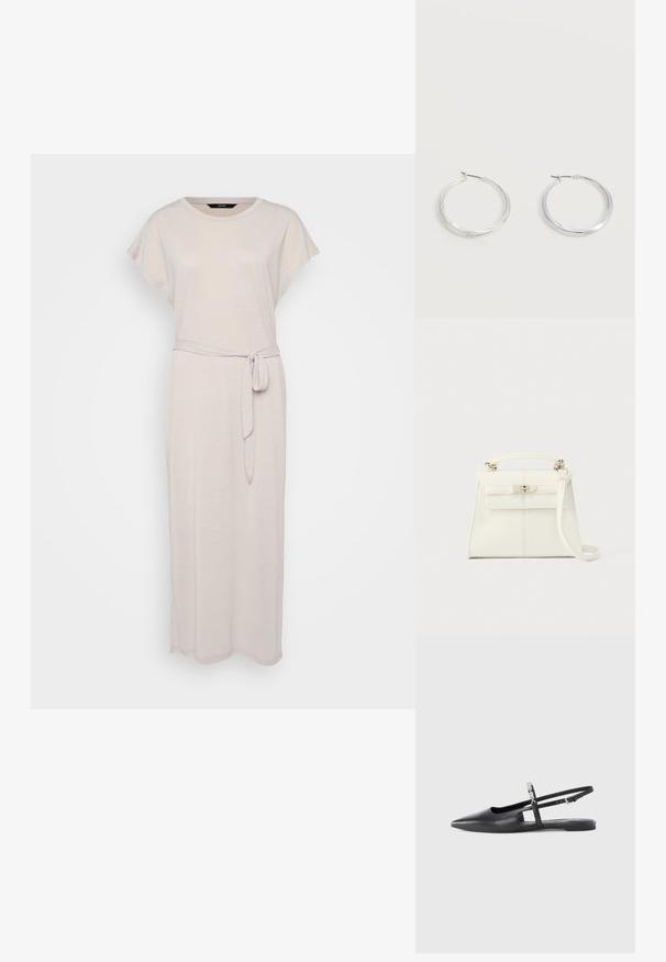 Heledbeez maxi kleit lühikeste varrukatega, ümmarguse kaelusega ja vöökohtadele seotud rihmaga. Valmistatud pehmest, tekstuuriga kangast.; Must nahast slingback-taldadega madalad kingad, terava varbaosaga, lõigatud detaili ja reguleeritava rihmaga, millel on dekoratiivne lillemotiiv.; Valge nahast käekott struktureeritud kujuga, ülemise käepidemega, eemaldatava õlarihma ja hõbedase lukk-kinnitusega. Sile tekstuur, minimalistlik disain.; Hõbedased metallist rõngakujulised kõrvarõngad, millel on sile, kergelt kaarduv pind ja lukustuvad tagused kinnitused, valgel taustal.