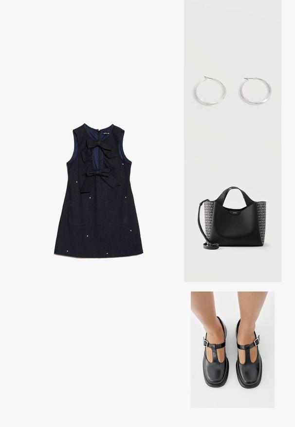 Marineblaues Denimkleid mit ärmellosem Design, zwei großen Schleifen an der Vorderseite und dekorativen weißen Punkten. Verfügt über einen Reißverschlussverschluss hinten.; Schwarze Lederschuhe mit T-Riemen-Design, geschlossenem Zehenbereich und silbernen Schnallenakzenten. Glatte Textur mit rundem Zehenbereich und flacher Sohle.; Schwarze DKNY Handtasche mit strukturiertem Vorderteil, monogrammierten Stoffseiten, kurzen Griffen und abnehmbarem Schulterriemen vor weißem Hintergrund.; Silberne Metallcreolen mit glatter, leicht gebogener Oberfläche und Klappverschluss vor schlicht weißem Hintergrund.