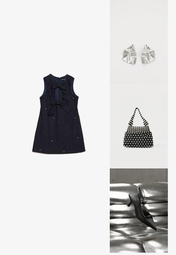 Mørkeblå denimkjole med ærmeløs design, to store sløjfer foran og dekorative hvide prikker. Har lynlås i ryggen.; Sort spids tå slingback-sko med hæl og en lille sløjfe, der hviler på skinnende sølv tuftet læderpolstring.; Sort-hvid perlebesat håndtaske med kort håndtag, der har skiftevis perleagtige og sorte facetterede perler i et ternet mønster.; Sølvmetal øreringe med et bølgende, skulpturelt design, der har en poleret overflade og uregelmæssige former, hvilket fremhæver en moderne æstetik.