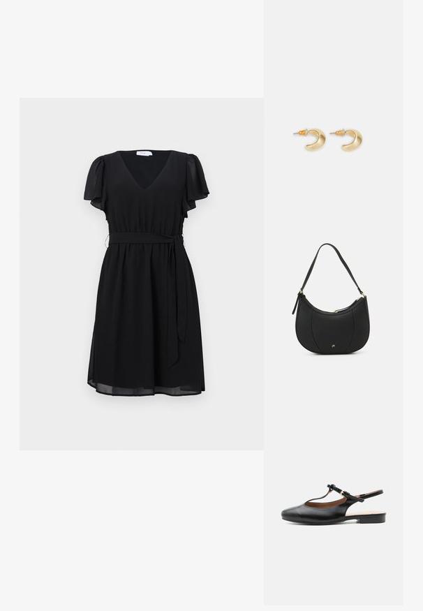 Schwarzes Kleid mit kurzen, schwingenden Ärmeln, V-Ausschnitt, tailliertem Bund und einem fließenden Rock. Hergestellt aus leichtem Stoff mit glatter Textur.; Schwarzer flacher Lederslingback-Schuh mit T-Riemen und goldener Schnalle auf neutralem Hintergrund.; Schwarze Lederhandtasche mit geschwungenem Design, strukturiertem Material, vorderen Nähten und einem Logo in Goldtönen. Verfügt über einen einzelnen verstellbaren Tragegurt.; Goldene, mondförmige Ohrringe mit glatter Oberfläche, die orangefarbene Akzente nahe dem Stecker und silberne Beschläge aufweisen.