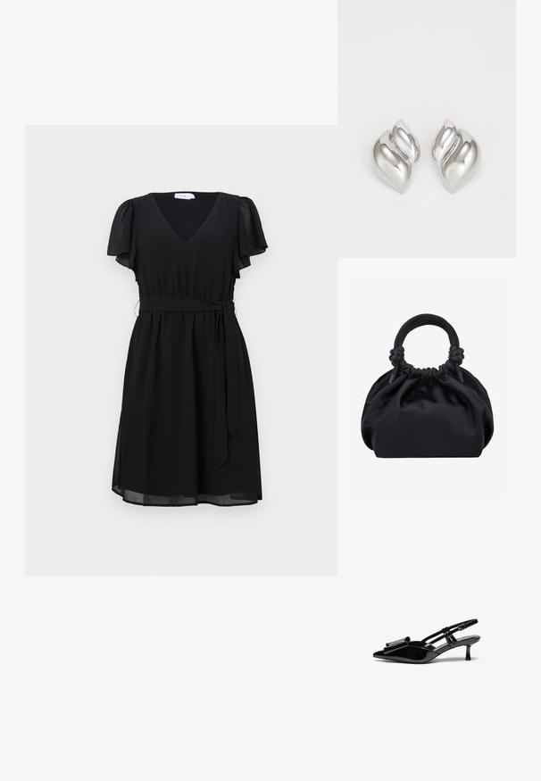 Schwarzes Kleid mit kurzen, schwingenden Ärmeln, V-Ausschnitt, tailliertem Bund und einem fließenden Rock. Hergestellt aus leichtem Stoff mit glatter Textur.; Schwarze Lackleder-Slingbacks mit spitzer Zehenpartie, einer Schleifendetail an der Vorderseite und einem kleinen Stiletto-Absatz. Die Riemen haben verstellbare Schnallen.; Schwarze weiche Stoffhandtasche mit gerafftem oberen Rand und runden, gepolsterten Griffen, die auf jeder Seite mit Knoten gebunden sind.; Silberne Ohrringe mit einer organischen, abstrakten Form. Glatte, glänzende Oberfläche mit einem konischen Design. Mit dezenten Kurven und einem zentralen Linienelement.