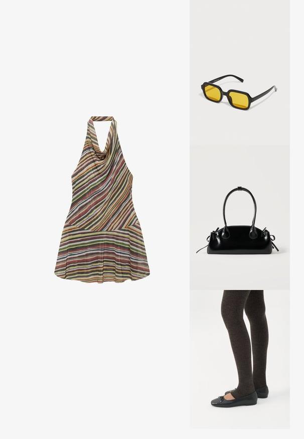 Robe sans manches à col licou avec des rayures diagonales et horizontales multicolores dans des tons de jaune, vert, rouge, marron et blanc sur un tissu transparent.; Jambes portant des leggings côtelés foncés associés à des ballerines noires avec de petits détails en nœud sur fond blanc.; Lunettes de soleil rectangulaires noires avec des verres jaunes. Les caractéristiques incluent des montures épaisses et un design anguleux avec une finition lisse et brillante.; Petit sac à main noir brillant avec deux longues anses et des détails à cordon sur les côtés sur un fond clair uni.