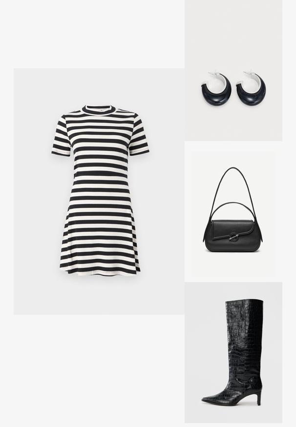 Gestreiftes Kleid in Schwarz und Weiß mit einem gerippten Textur, kurzen Ärmeln, einem hohen Ausschnitt und einer ausgestellten Silhouette, die einen lässigen Stil bietet.; Schwarze kniehohe Stiefel mit glänzender, krokodilgeprägter Textur, spitzer Zehenpartie und schmalem Absatz. Glattes synthetisches Material.; Schwarze Lederhandtasche mit abgerundeten Kanten, asymmetrischem Überschlag, metallfarbenem runden Verschluss und kurzen sowie langen Schulterriemen.; Schwarze Harz-Hoops mit glänzender Oberfläche und silberfarbenen Hardware-Details. Zirkulare Form mit Ausschnitt und Post-Back-Verschluss.